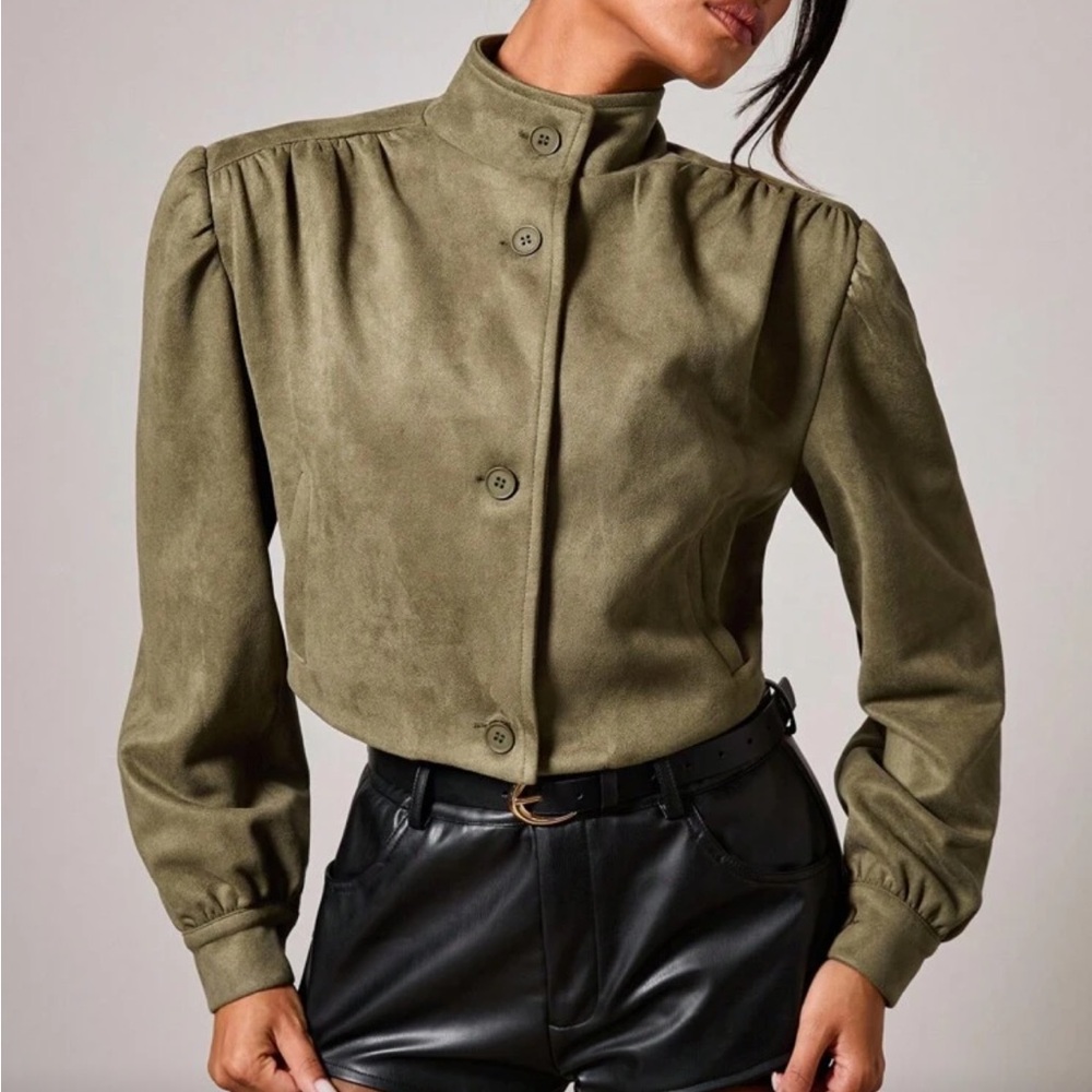 Suede olive green button front ruched shoulder jacket